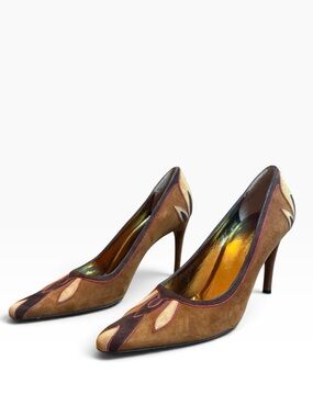 DOLCE & GABBANA Vintage Suede Patchwork Pumps Brown Art Deco Stiletto Heels 38.5